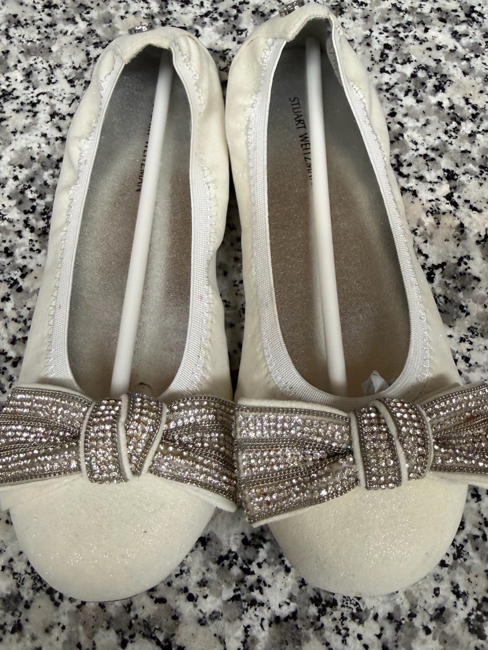 Stuart Weitzman Ivory Crystal Bow Ballet Flats